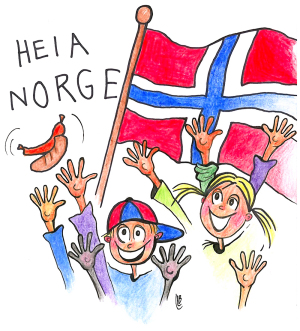 Mia og Marius som heier på laget. Det norske flagget vaier i vinden og de roper "Heia Norge!!